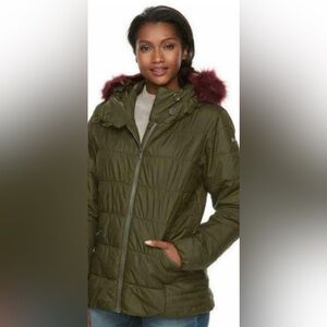 Columbia Olive Jacket with Burgundy Fur Hood